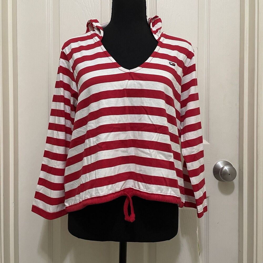 Tommy Hilfiger Red & White Striped V-Neck Hoodie Top - Picture 4 of 13